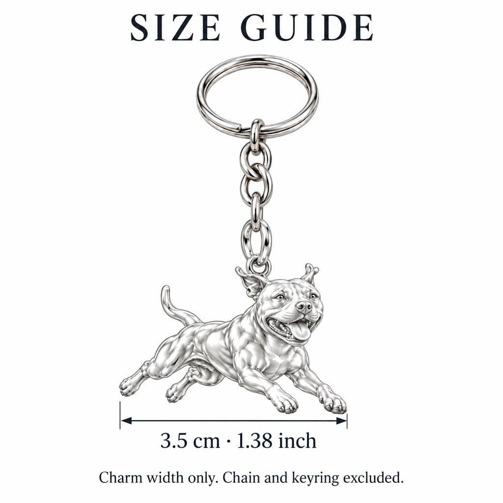 Playful Amstaff Spirit Charm Keychain – size guide, 3.5 cm (1.38 in) charm, chain and keyring excluded