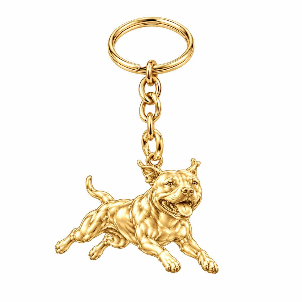 Playful Amstaff Spirit Charm Keychain – 18K gold, front view