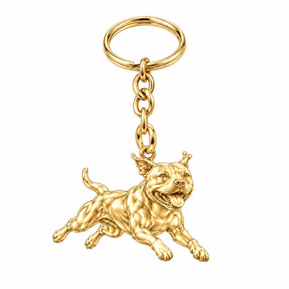 Playful Amstaff Spirit Charm Keychain – 18K gold, front view