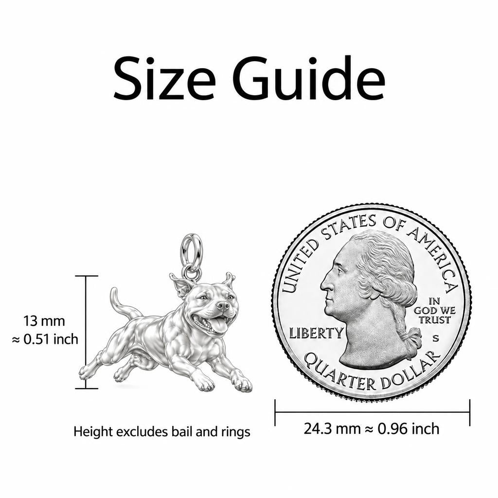 Playful Amstaff Spirit Charm Necklace Set – size guide, 13 mm charm next to a quarter