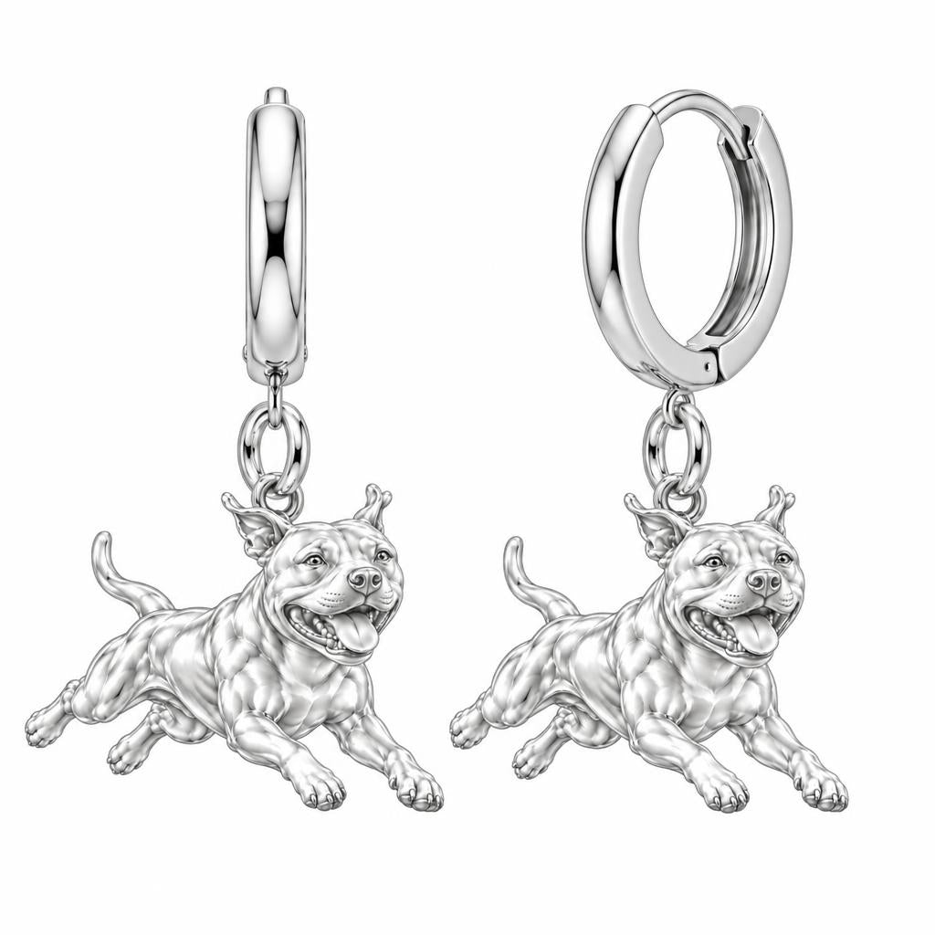 Playful Amstaff Spirit Huggie Charm Earrings – silver, front view