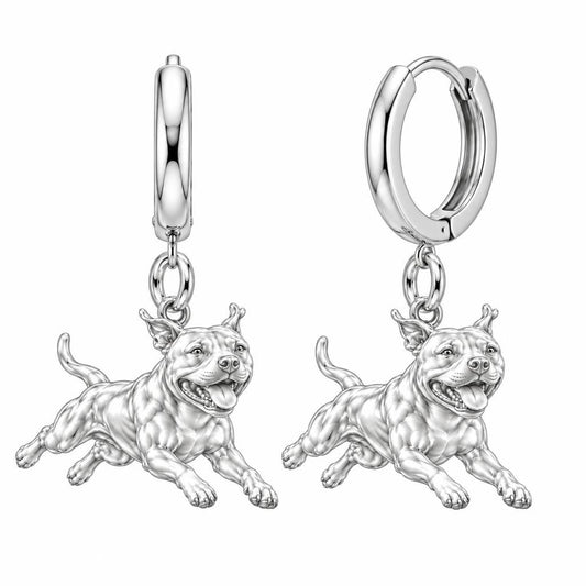 Playful Amstaff Spirit Huggie Charm Earrings – silver, front view