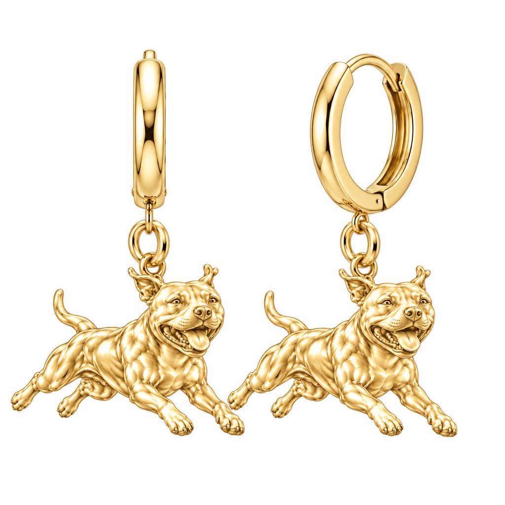 Playful Amstaff Spirit Huggie Charm Earrings – 18K gold, front view