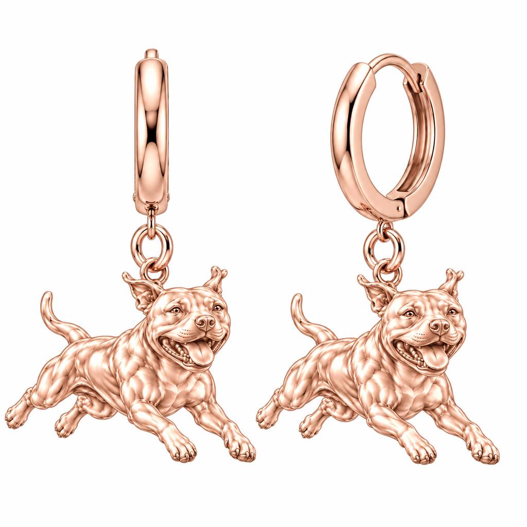 Playful Amstaff Spirit Huggie Charm Earrings – rose gold, front view