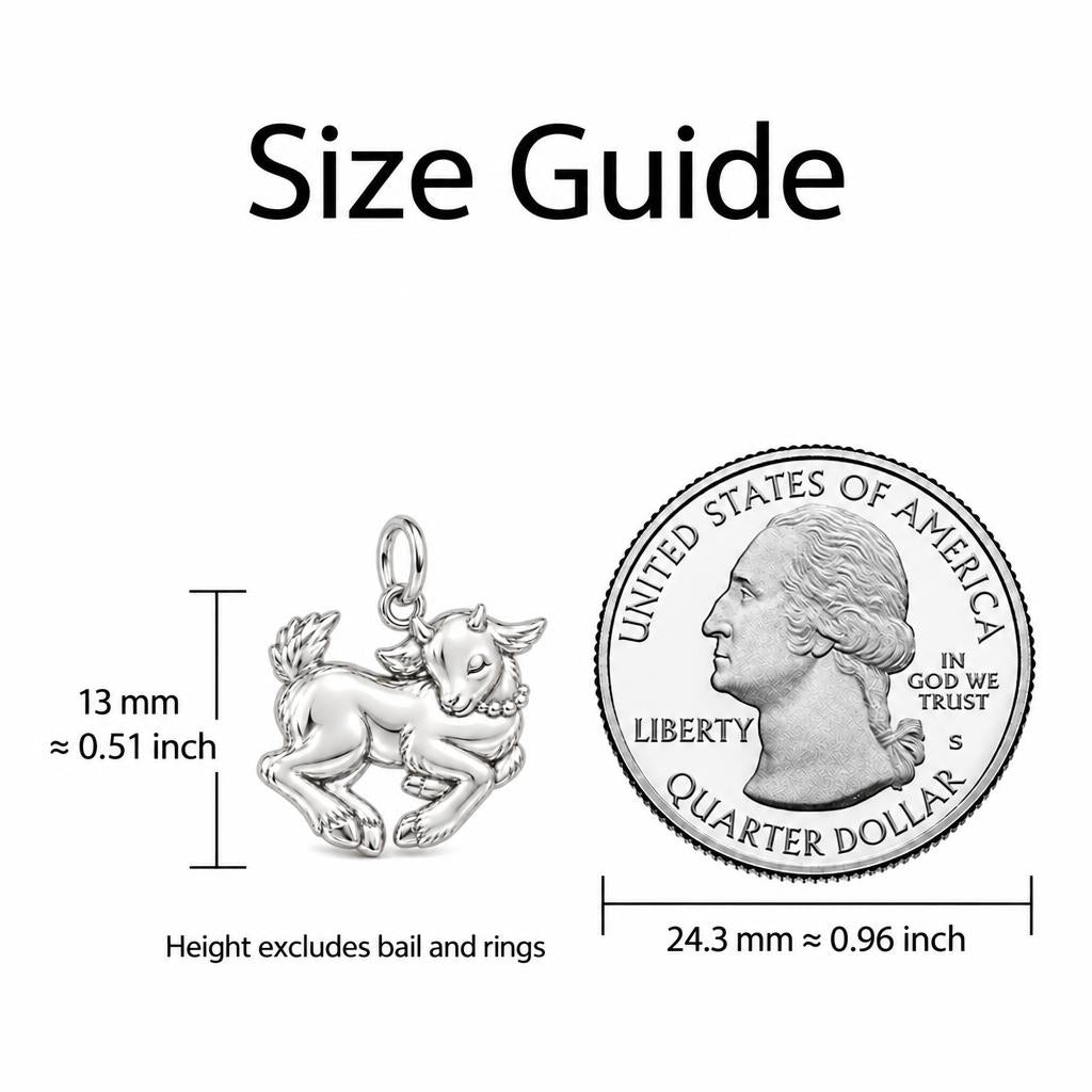 Playful Baby Goat Charm Bracelet – size guide, 13 mm charm next to a quarter