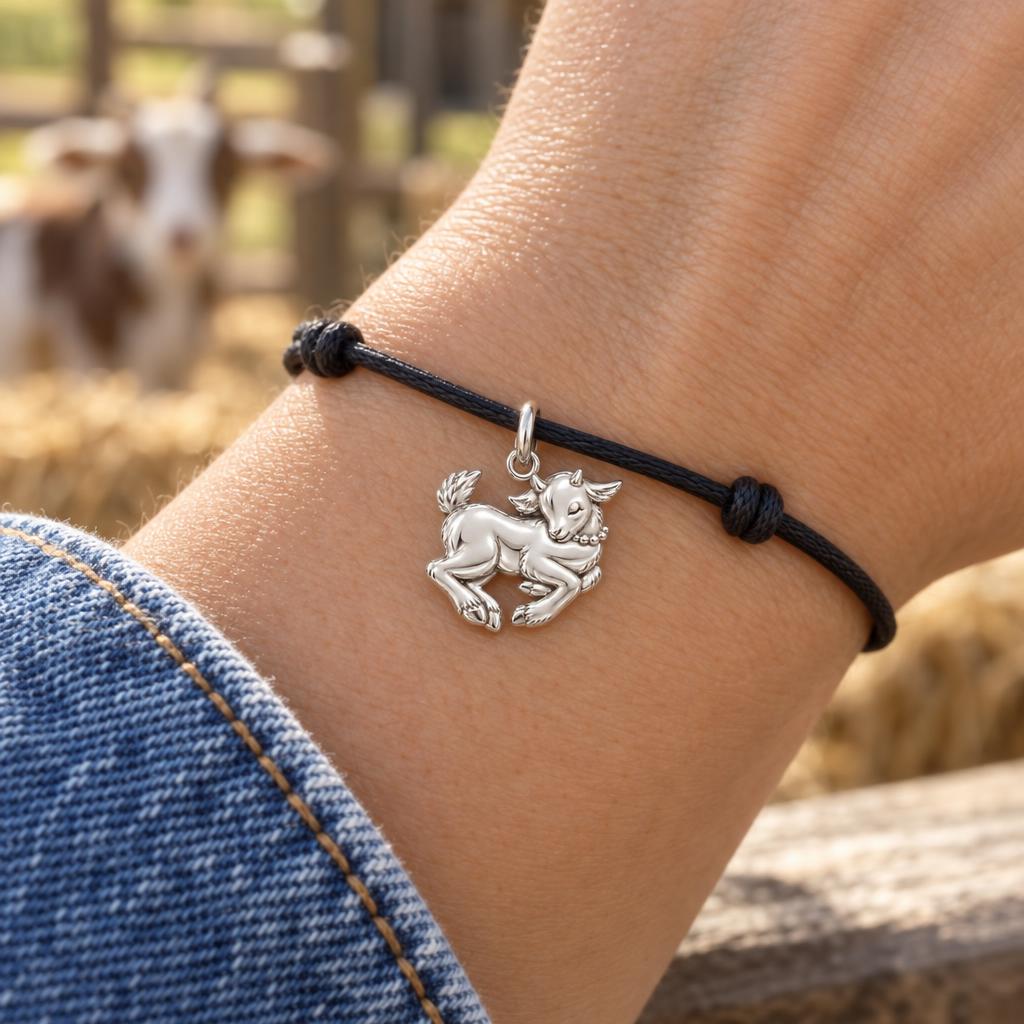 Playful Baby Goat Charm Bracelet – worn on the wrist on a black cord bracelet