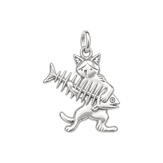 Playful Cat with Fishbone Charm Bracelet – Personalized Cat Mom Gift – silver charm, front view