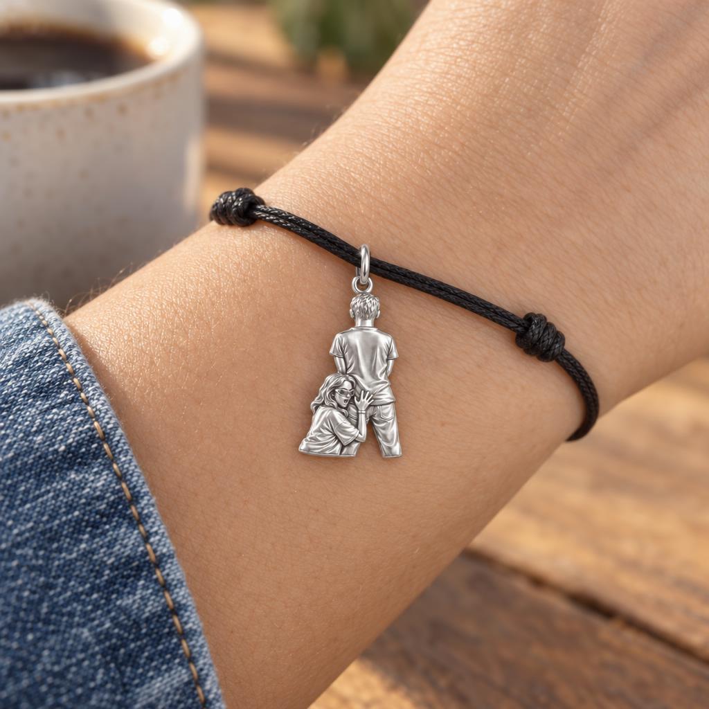 Playful Couple Squeeze Charm Bracelet – Personalized Couple Gift – worn on the wrist on a black cord bracelet