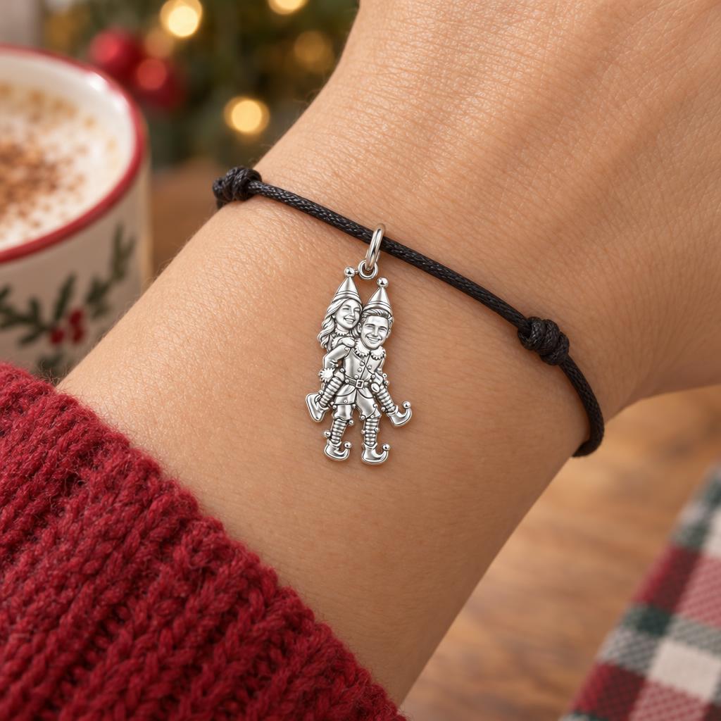 Playful Elf Piggyback Charm Bracelet – Personalized Couple Gift – worn on the wrist on a black cord bracelet