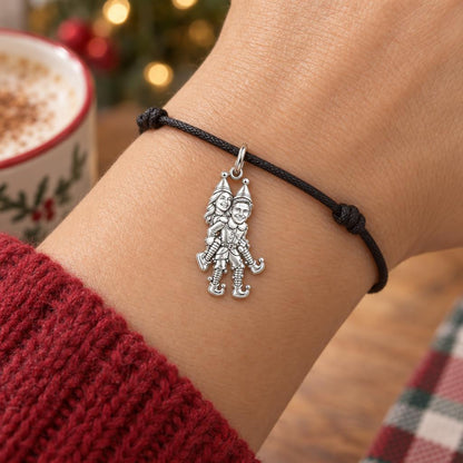 Playful Elf Piggyback Charm Bracelet – Personalized Couple Gift – worn on the wrist on a black cord bracelet