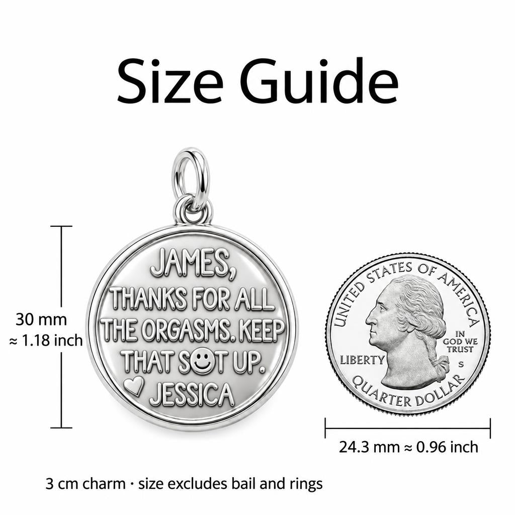 Playful Gratitude Token Charm Bracelet – Personalized Couple Gift – size guide, 3 cm charm next to a quarter