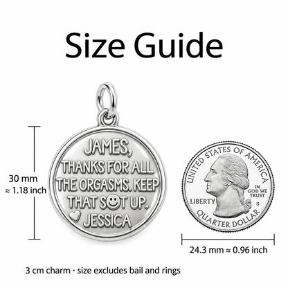 Playful Gratitude Token Charm Bracelet – Personalized Couple Gift – size guide, 3 cm charm next to a quarter