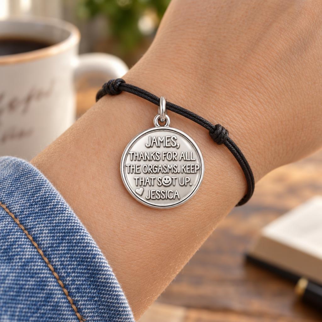 Playful Gratitude Token Charm Bracelet – Personalized Couple Gift – worn on the wrist on a black cord bracelet
