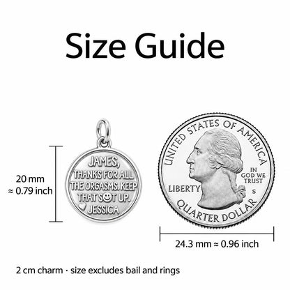 Playful Gratitude Token Charm Bracelet Set – size guide, 13 mm charm next to a quarter