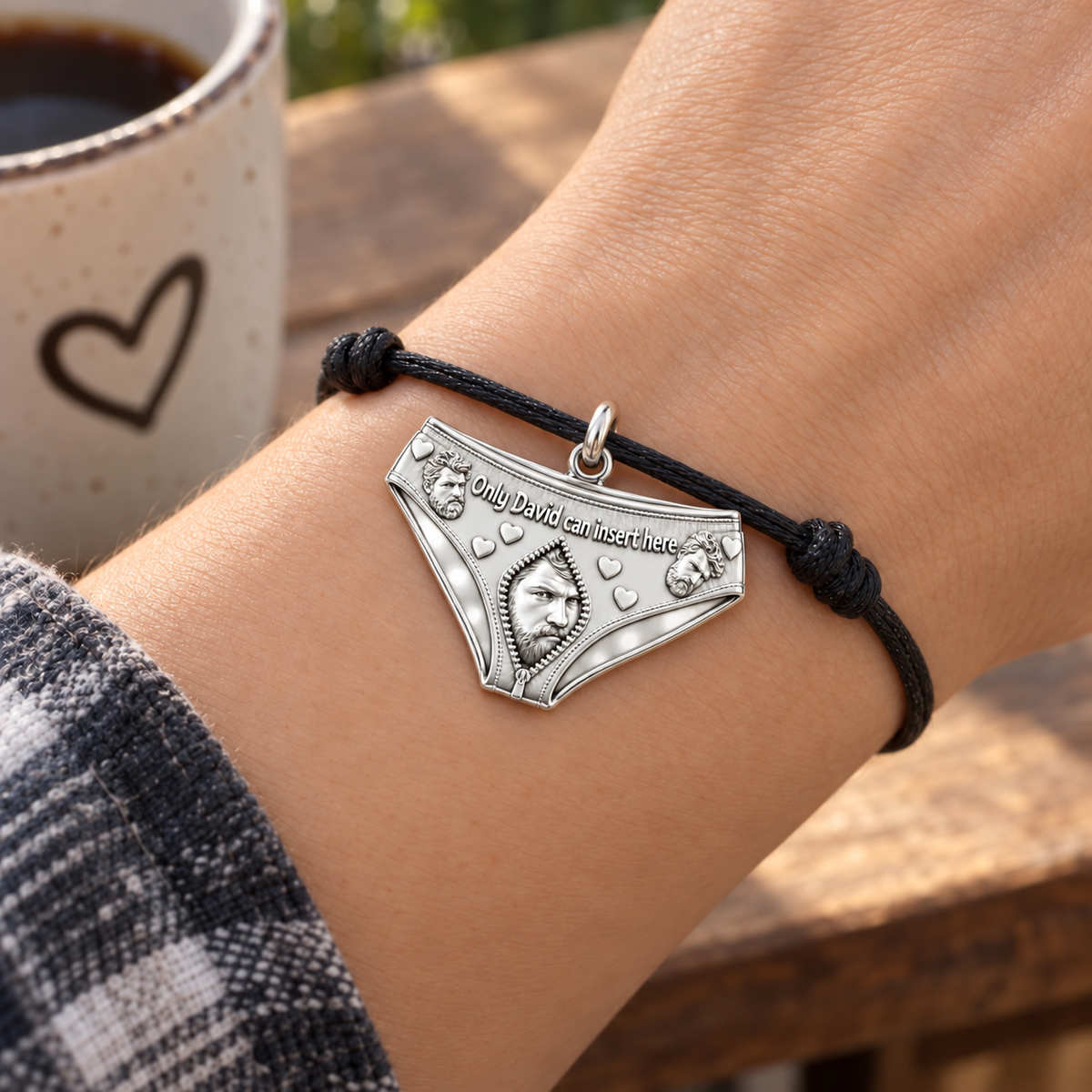 Playful Heart Briefs Charm Bracelet – Personalized Partner Gift – worn on the wrist on a black cord bracelet