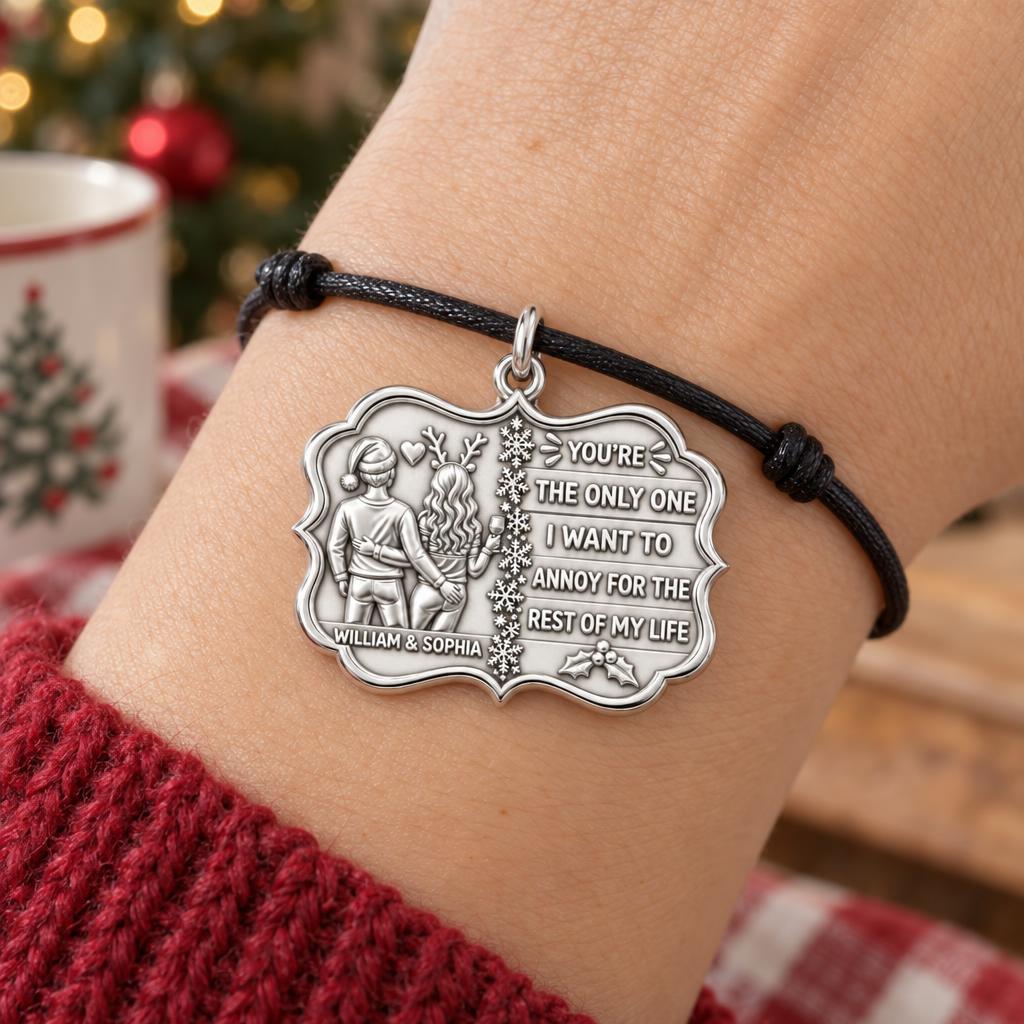 Playful Holiday Couple Charm Bracelet – Personalized Couple Gift – worn on the wrist on a black cord bracelet