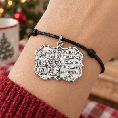 Playful Holiday Couple Charm Bracelet – Personalized Couple Gift – worn on the wrist on a black cord bracelet