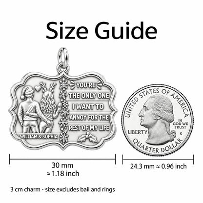 Playful Holiday Couple Charm Bracelet Set – size guide, 13 mm charm next to a quarter