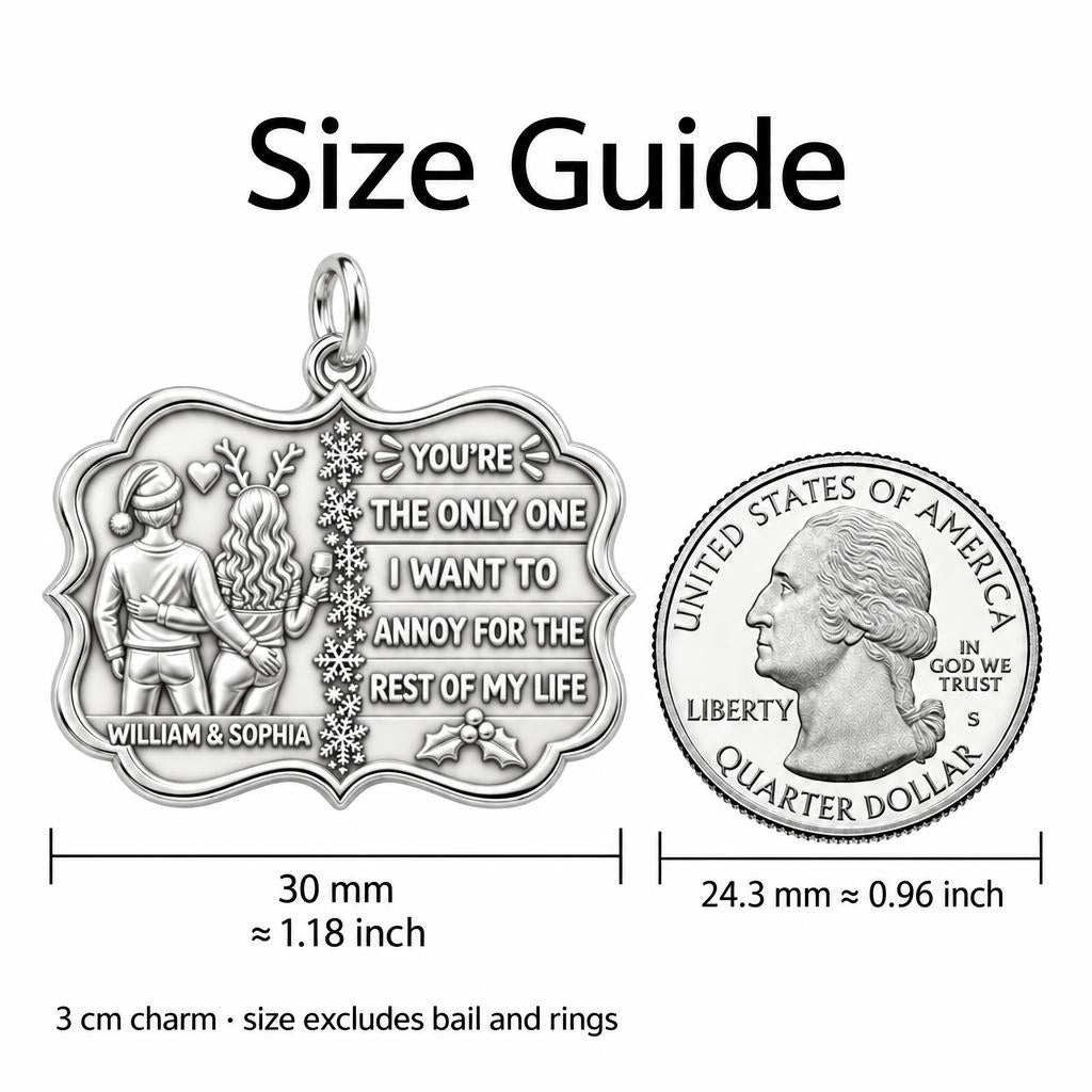 Playful Holiday Couple Charm Necklace Set – size guide, 13 mm charm next to a quarter