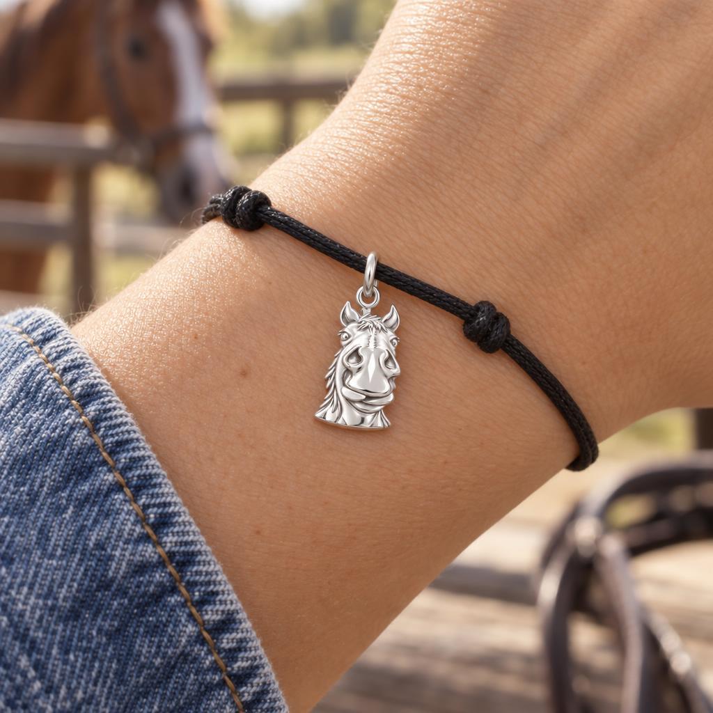 Playful Pony Spirit Charm Bracelet – Personalized Horse Mom Gift – worn on the wrist on a black cord bracelet