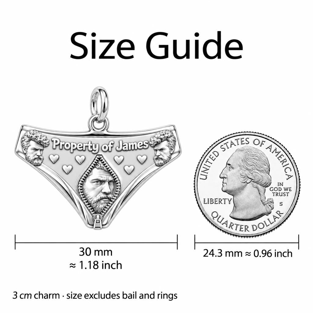 Playful Property Of Charm Bracelet – Personalized Couple Gift – size guide, 3 cm charm next to a quarter