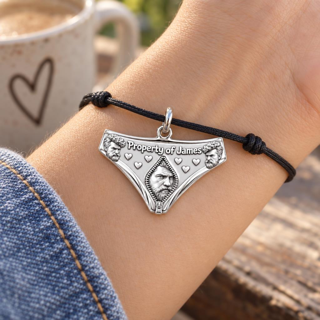 Playful Property Of Charm Bracelet – Personalized Couple Gift – worn on the wrist on a black cord bracelet