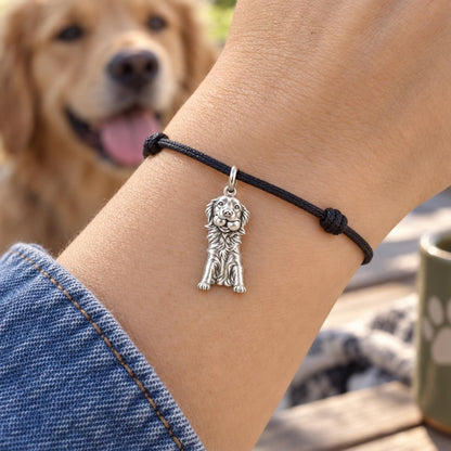 Playful Pup Charm Bracelet – Personalized Dog Mom Gift – worn on the wrist on a black cord bracelet