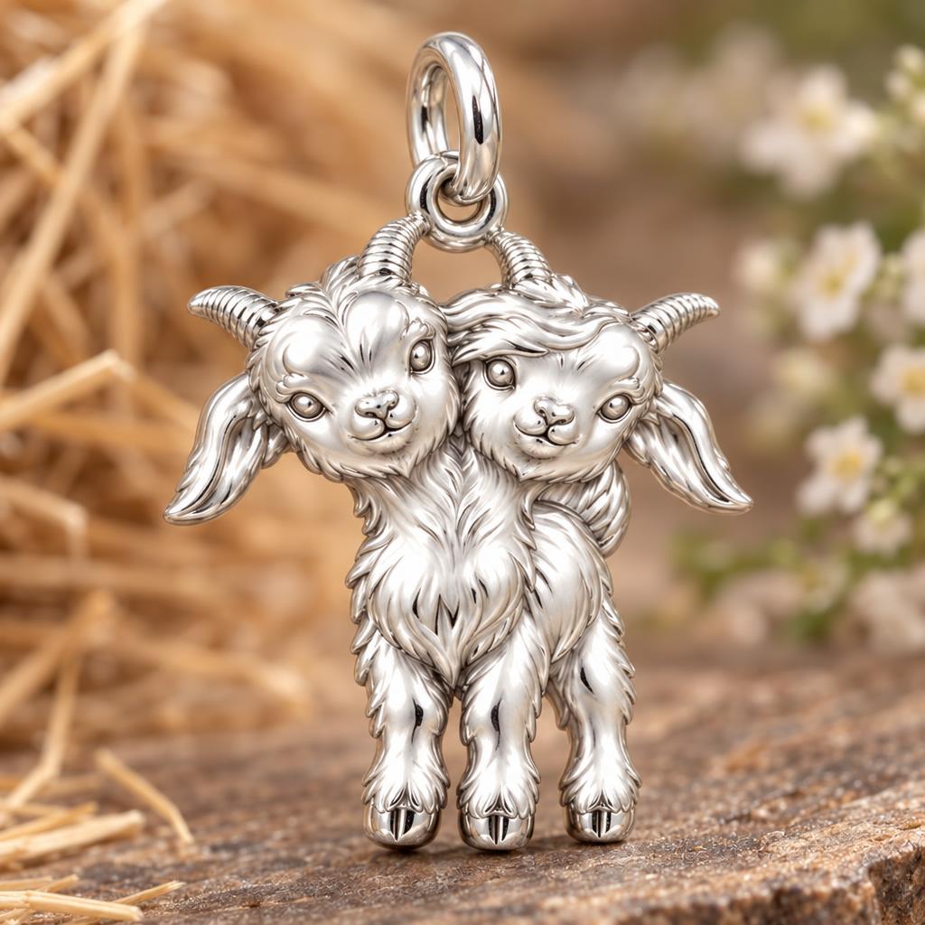 Playful Twin Goats Charm Bracelet – Personalized Mom Gift – macro detail of the charm