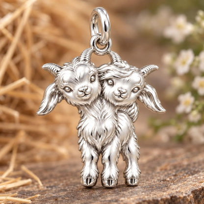 Playful Twin Goats Charm Bracelet – Personalized Mom Gift – macro detail of the charm