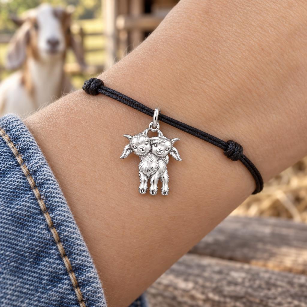 Playful Twin Goats Charm Bracelet – Personalized Mom Gift – worn on the wrist on a black cord bracelet