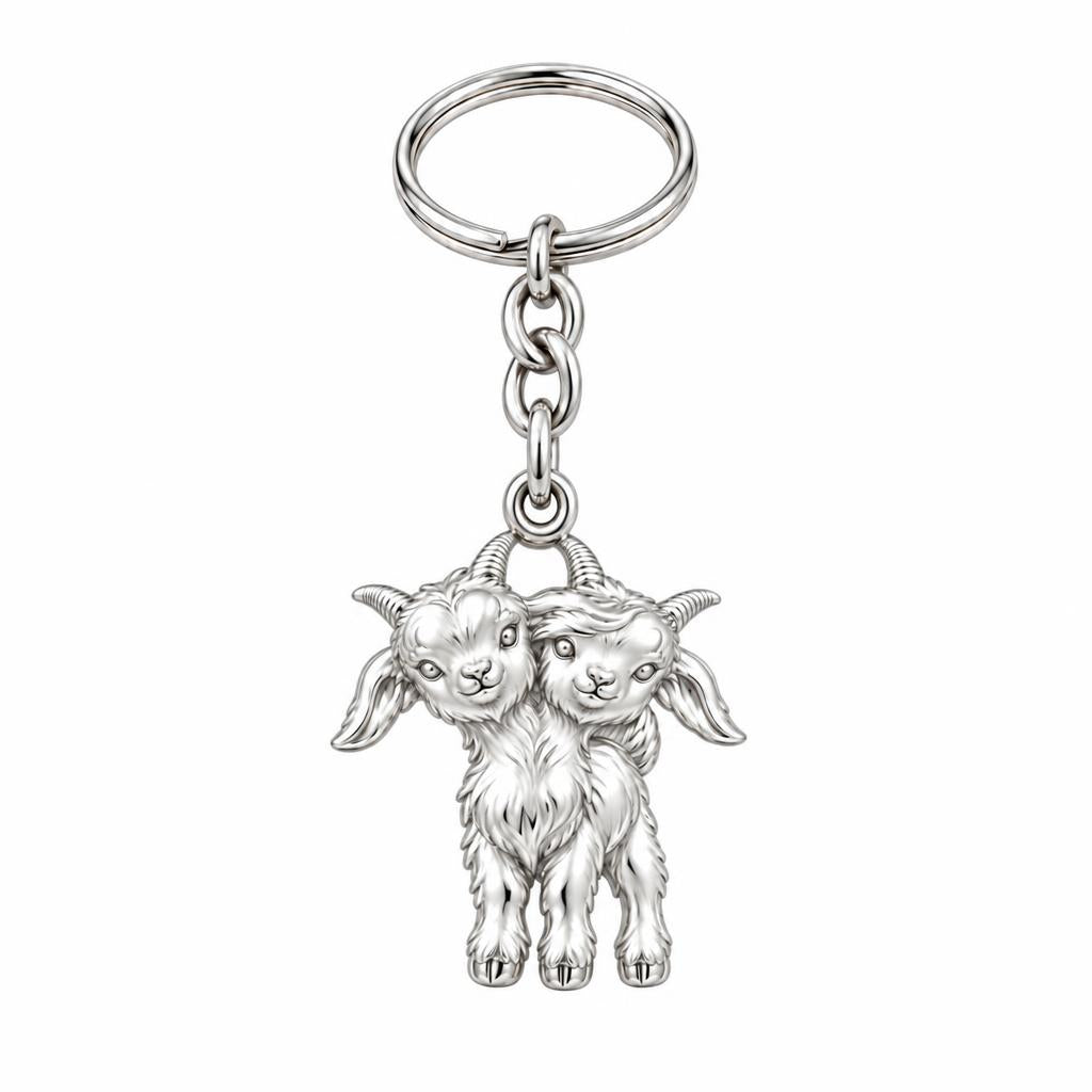 Playful Twin Goats Charm Keychain – silver, front view