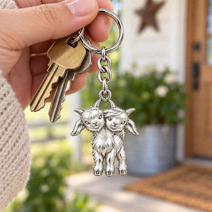 Playful Twin Goats Charm Keychain – worn / in use