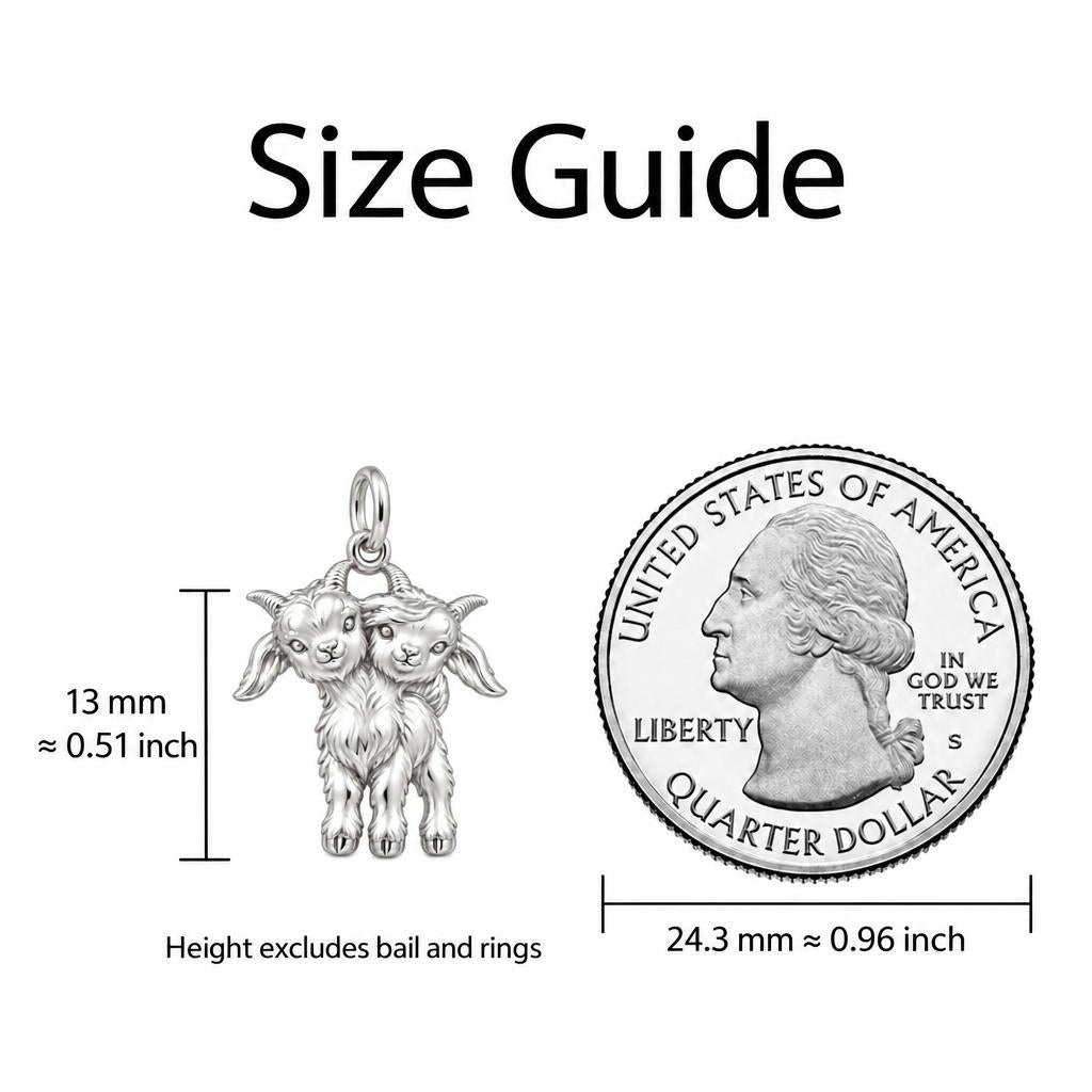 Playful Twin Goats Charm Keychain – size guide, 13 mm charm next to a quarter