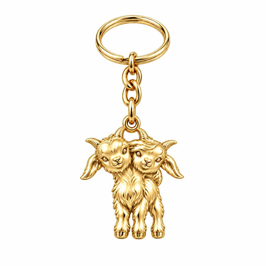 Playful Twin Goats Charm Keychain – 18K gold, front view