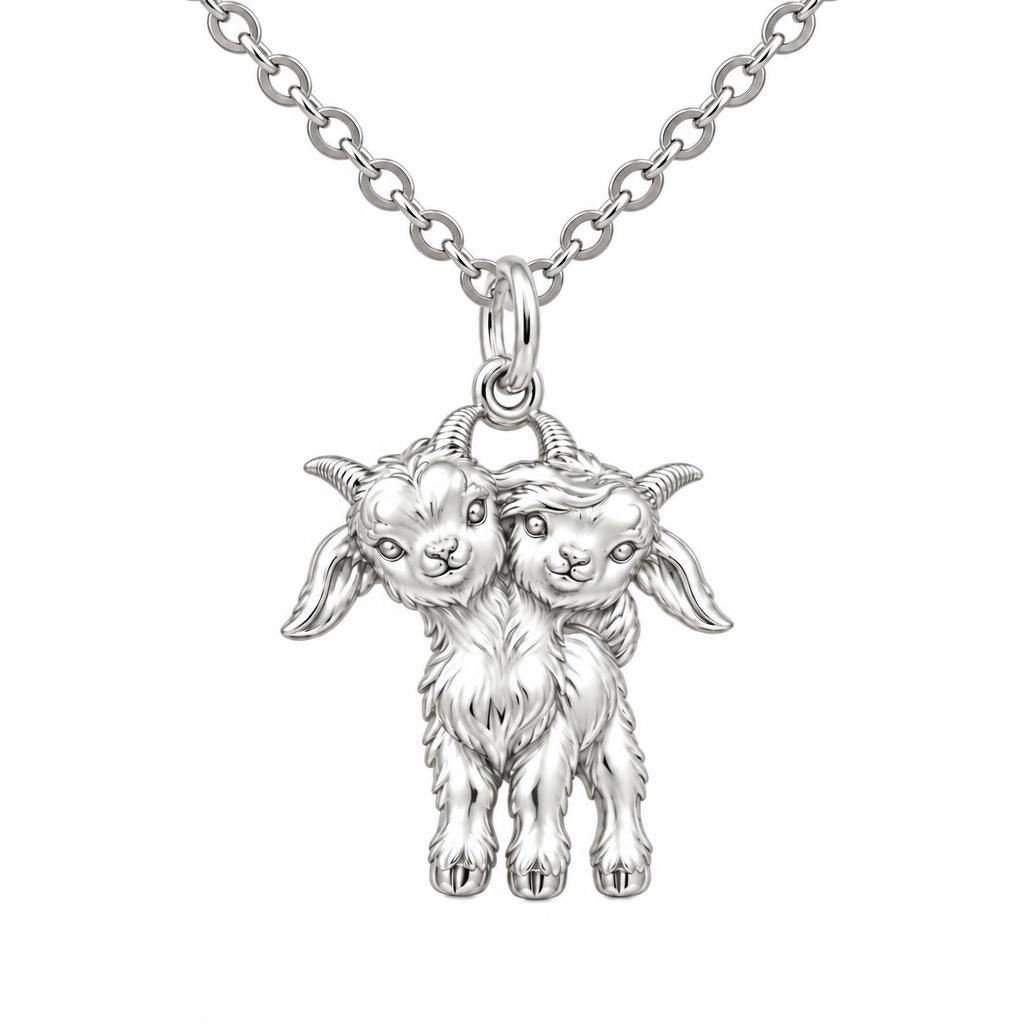 Playful Twin Goats Charm Necklace Set – silver, front view