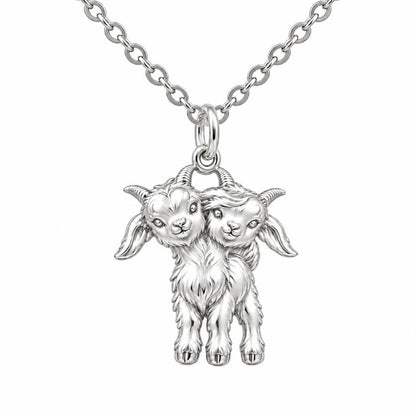 Playful Twin Goats Charm Necklace Set – silver, front view