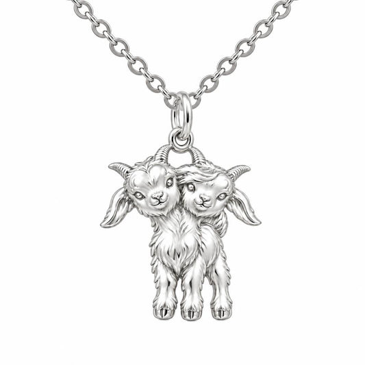 Playful Twin Goats Charm Necklace Set – silver, front view