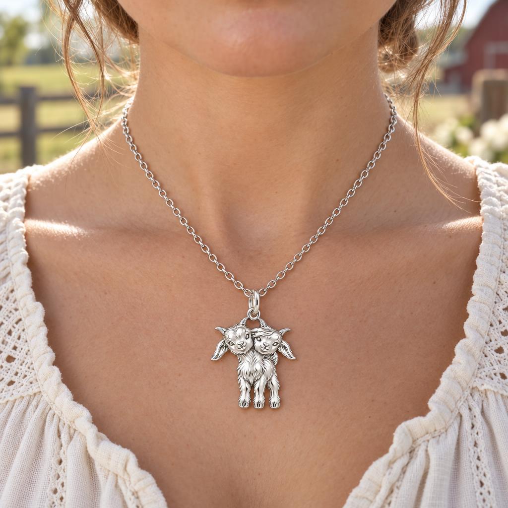 Playful Twin Goats Charm Necklace Set – worn / in use