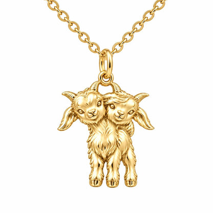 Playful Twin Goats Charm Necklace Set – 18K gold, front view