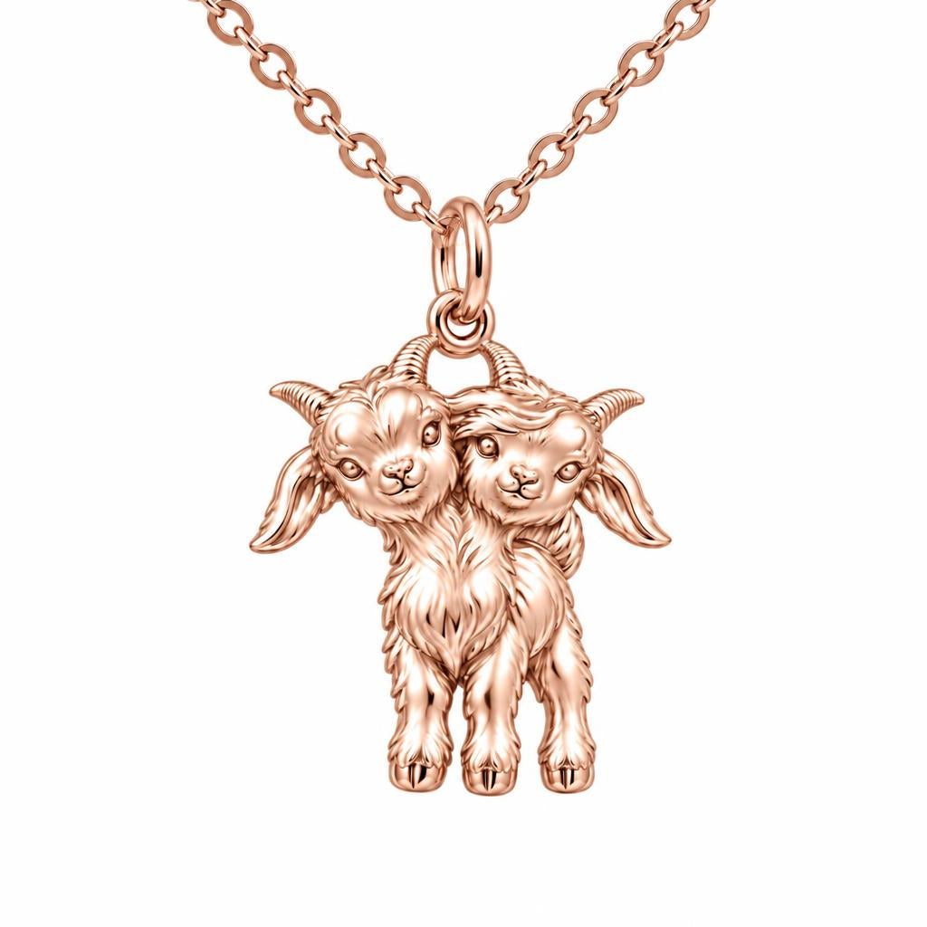 Playful Twin Goats Charm Necklace Set – rose gold, front view