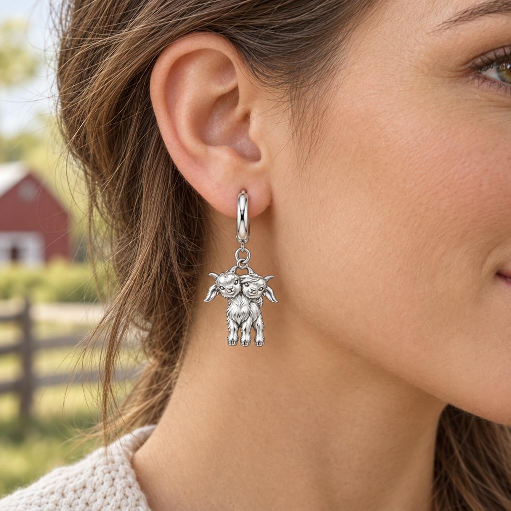 Playful Twin Goats Huggie Charm Earrings – worn / in use
