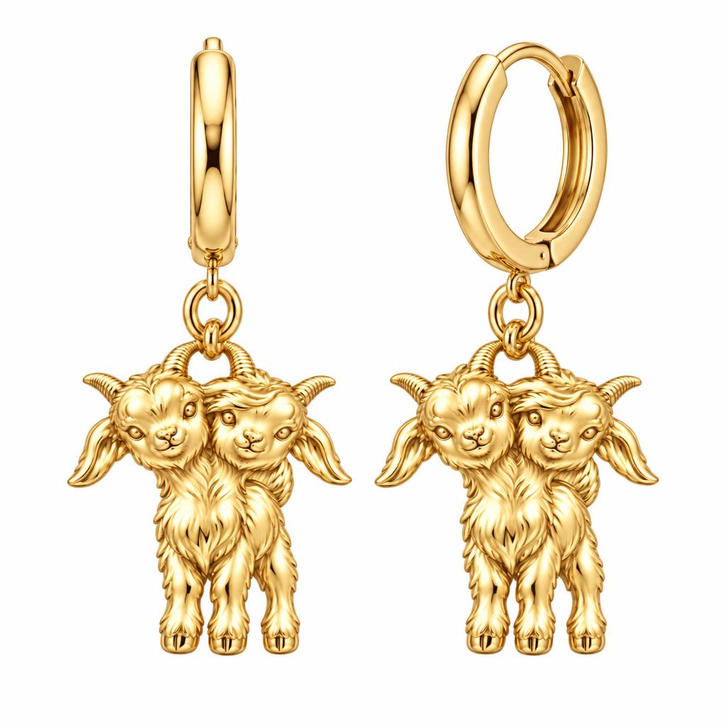 Playful Twin Goats Huggie Charm Earrings – 18K gold, front view