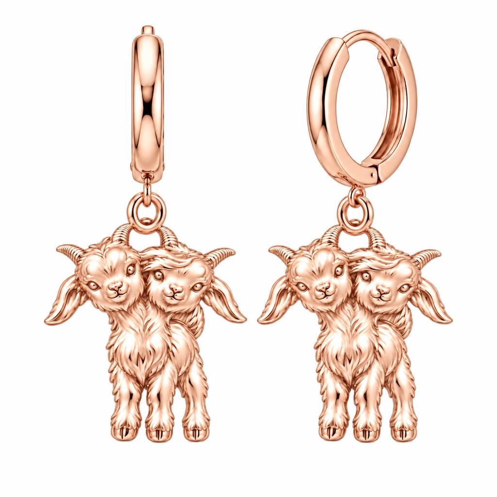 Playful Twin Goats Huggie Charm Earrings – rose gold, front view