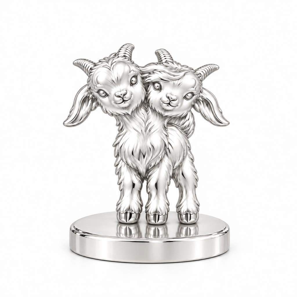 Playful Twin Goats Keepsake Plaque – silver, front view