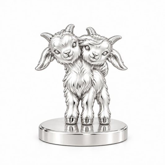 Playful Twin Goats Keepsake Plaque – silver, front view