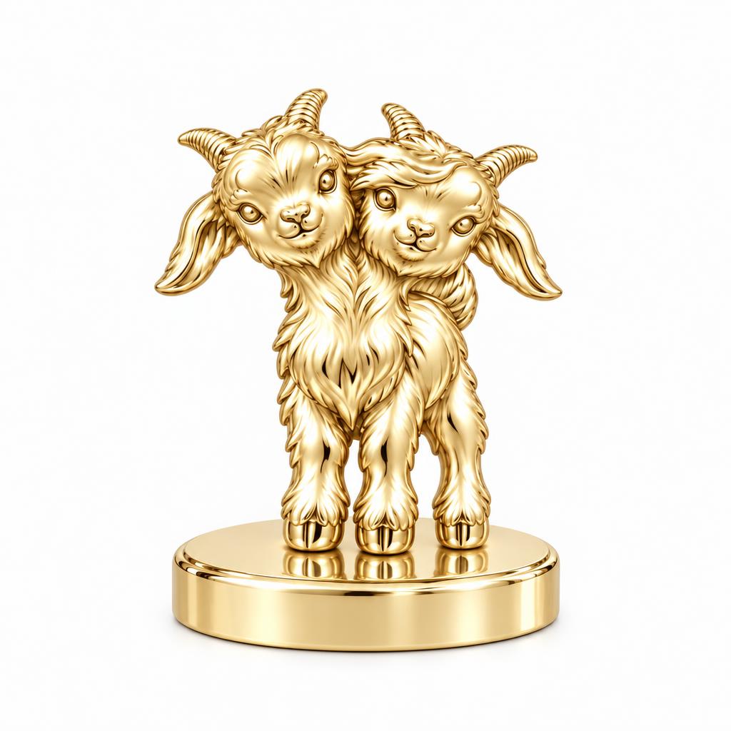 Playful Twin Goats Keepsake Plaque – 18K gold, front view