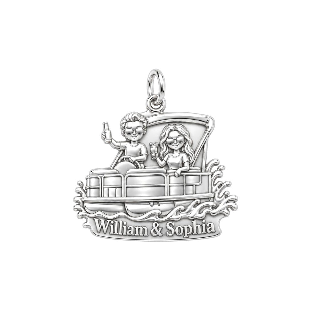 Pontoon Boat Life Charm Bracelet – Personalized Couple Gift – silver plated 3 cm charm, front view