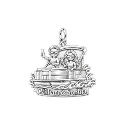 Pontoon Boat Life Charm Bracelet – Personalized Couple Gift – silver plated 3 cm charm, front view