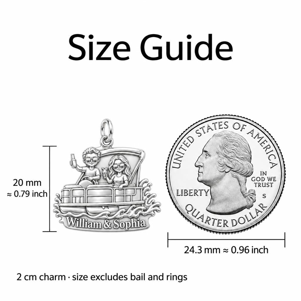 Pontoon Boat Life Charm Bracelet – Personalized Couple Gift – size guide, 3 cm charm next to a quarter