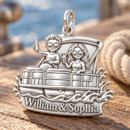 Pontoon Boat Life Charm Bracelet – Personalized Couple Gift – macro detail of the charm
